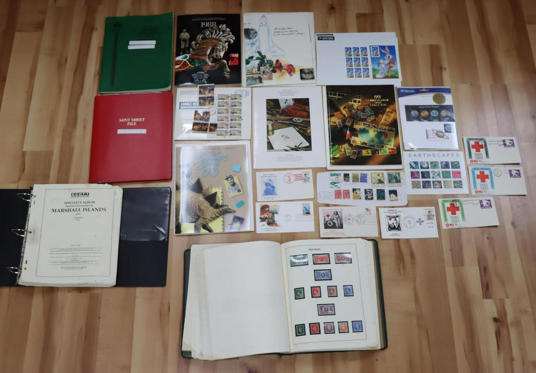 LARGE STAMP LOT BRITISH EMPIRE US MINT SHEETS: Approximately 100+ mint sheets with 5+ stamps ranging .29 - .40 cents per stamp. Also, 2 British Empire stamp albums antique to modern. Mostly unused with full gum, near mint. Comes with cancelled sta