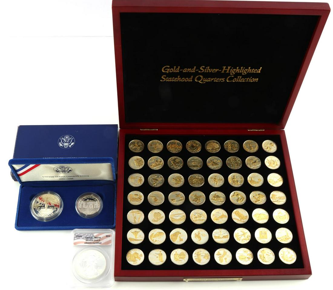 AMERICAN EAGLE SILVER DOLLAR HALF W STATE QUARTERS: Lot of 3 includes 1986 Liberty Half Dollar proof set with presentation box, ANACS 2009 MS 70 Silver Eagle and the Gold-Silver Highlighted Statehood Quarters collection in wood display box (10x9 inches
