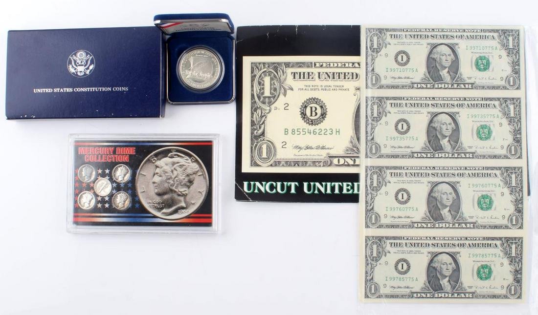 COIN CURRENCY LOT MERCURY DIMES UNCUT DOLLARS MORE: Lot contains a sheet of 4 uncut U.S. $1 Dollar bills, Mercury Dime Collection of 5 Coin set and 1987 $1 Constitution Proof Silver Dollar in original presentation box. A good starter lot.