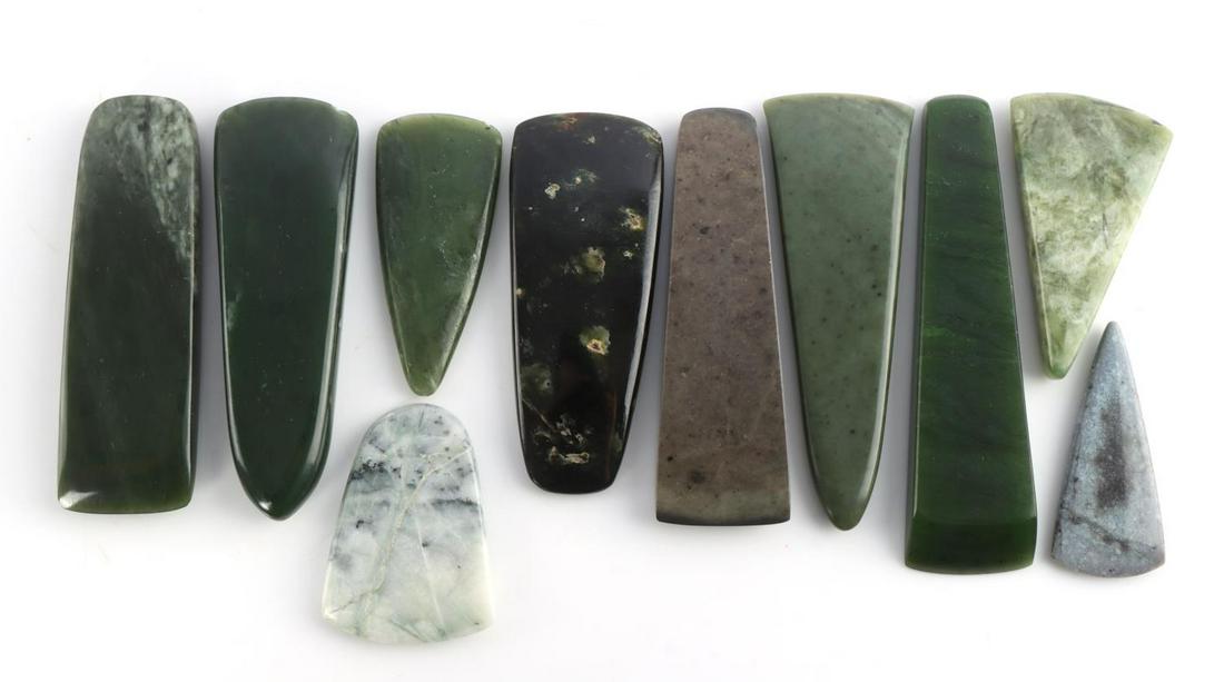 LOT OF 10 NATIVE AMERICAN JADE CELT ARTIFACTS: Measurements range 2 1/4 - 4 3/4 inches. Hand made by Claude Van Order. Very good condition.