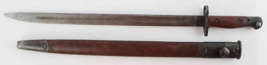 WWII M1907 AUSTRALIA MANGROVITE SMLE BAYONET: Mangrovite /43 stamped scabbard for Australian Arsenal, also faintly stamped broad arrow, at ricasso of blade, 1907 over 42, verso, broad arrow and MA 44 for arsenal, very good blade, bayonet overall 