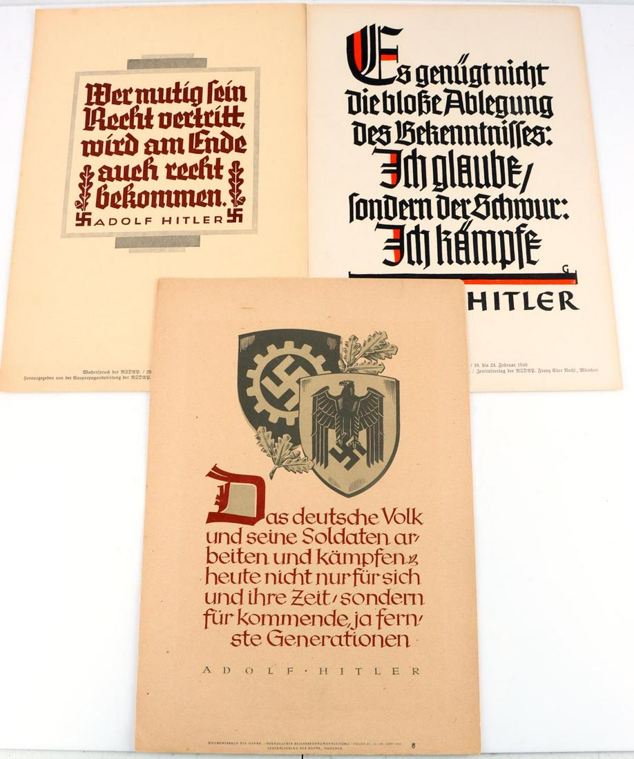 3 WWII GERMAN THIRD REICH ADOLF HITLER POSTERS: Lot of 3 WWII period German Third Reich posters quoting Adolf Hitler. Posters were printed in 1939, 1940 and 1942 and are originals. Dimensions of all are 13.75X9.5 inches. All pieces are in very good