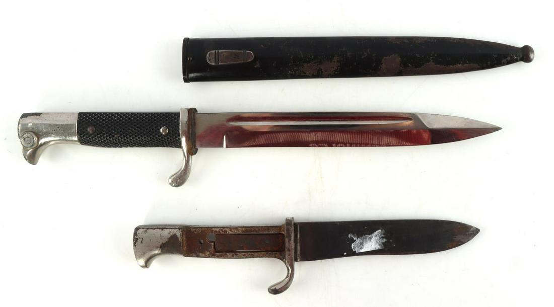 WWII GERMAN DRESS BAYONET & HITLER YOUTH DAGGER: Dress bayonet marked with Eickhorn maker's mark on ricasso, good overall condition with some light finish loss. Hitler youth dagger in dug up condition, missing grips, blade is marked "J.A.Henckels So