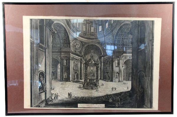 LARGE PIRANESI ETCHING OF ST PETER'S BASILICA: "Veduta interna della Basilica di S. Pietro in Vaticano vicino alla Tribuna", Regio Calcografia edition, after 1870. Etching after Giovanni Battista Piranesi, Italian, 1720-1778. Plate size 19 by 28.5