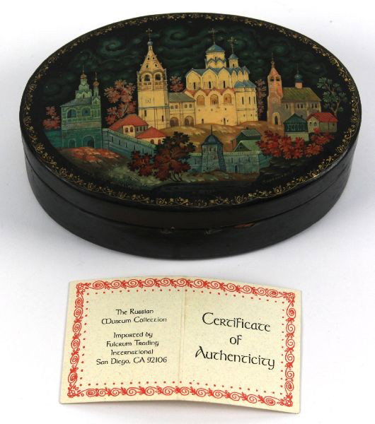 THE RUSSIAN MUSEUM COLLECTION LACQUER BOX: One authentic, handcrafted lacquer box from the Russian Museum Collection. Box has Russian Orthodox church scene. Box measures approximately 5 inches x 3 1/2 inches and 1 5/8 inches in height. Box com
