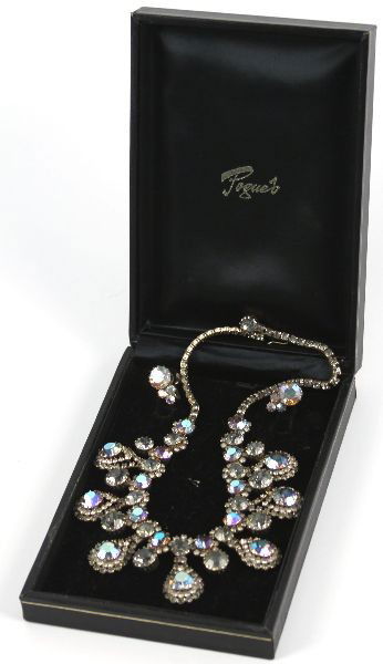 VINTAGE RHINESTONE SET OF NECKLACE AND EARRINGS: 15.5 inch necklace in gold toned setting having crystal type(color hues) stones. Necklace is heavy at 67.8 grams. No missing stones. Very good condition. Condition: Very good