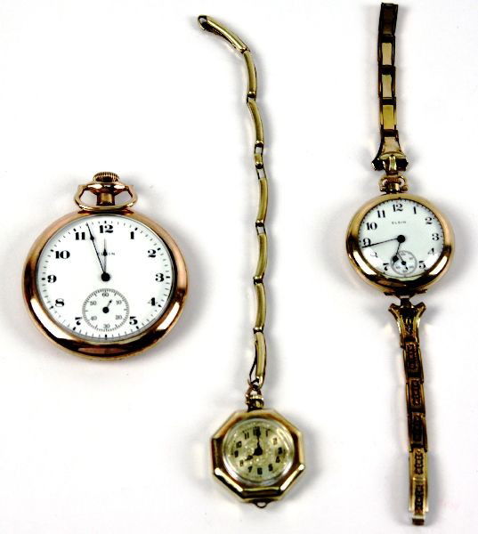 LOT OF THREE ANTIQUE GF WATCHES ELGIN & BULOVA: Elgin 1918, 12s, 7 jewels, open face, 3/4 plate, nickel damaskeening, pendant set. Elgin 1915 3/0s, 7 jewels, open face, 3/4 plate, nickel damaskeening, pendent set. Bulova circa 1925, 15 jewels, 3 W