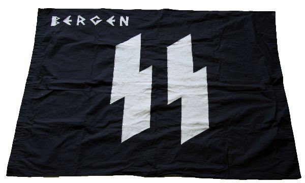 SS BERGEN NORWAY 38X52 WW2 THIRD REICH FLAG: A sewn runes and Bergen SS Norway flag of indeterminate authenticity, 38x52 inches, very good condition.