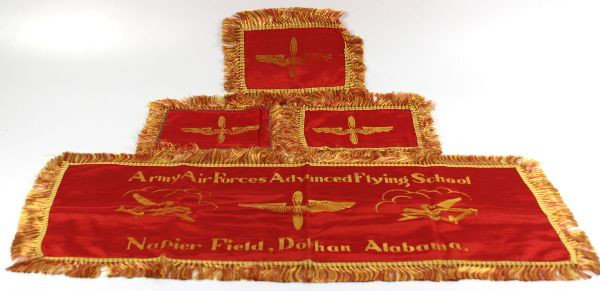 ARMY FLYNG SCHOOL PENNANTS NAPIER FIELD DOTHAN AL: Army Airforces Advanced Flying School Napier Field, Dothan Alabama red banner with yellow fringe. Banner measures 37 by 15 inches. Three matching pennants with Army Airforces symbol. Each pennant meas