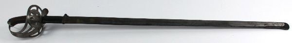 MODEL 1889 PRUSSIAN OFFICERS SWORD AND SCABBARD: Model 1889 Cavalry Officers sword with nickel plated and etched blade. No makers mark. Nickel hilt carries the Prussian Royal Eagle. Ribbed composite grip. Scabbard has lost most of the black finish a