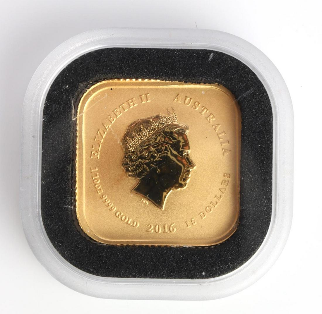 1/10TH OZ GOLD AUSTRALIAN LEGAL TENDER UNIT: Contains 1/10 Troy oz of .9999 pure gold. Obverse features the effigy of Queen Elizabeth II. Reverse bears the geographic outlines of the United States of America and Australia. This lot has a reserve