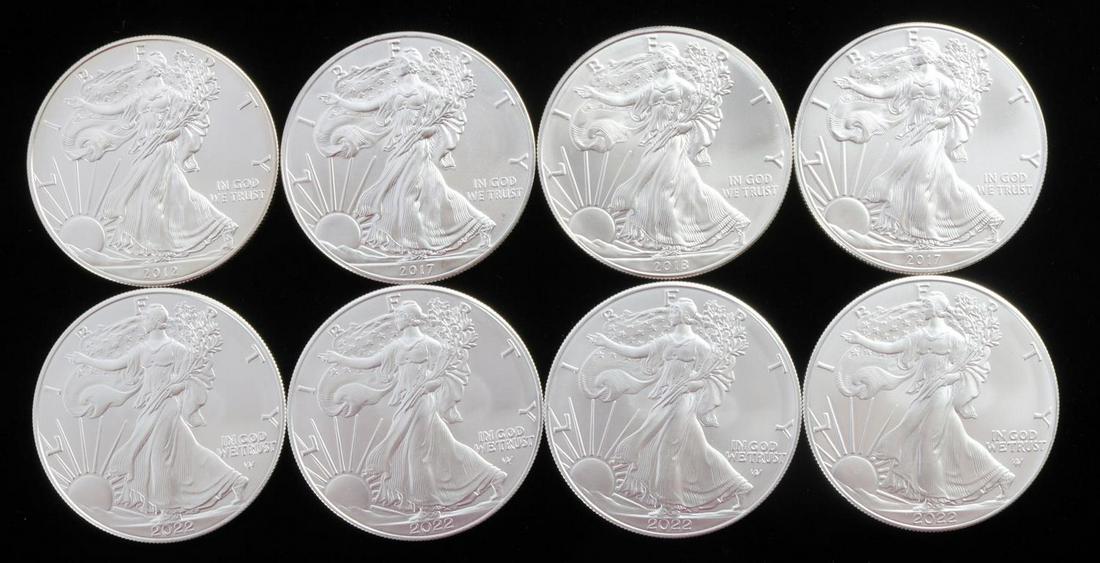 EIGHT 1 OZ AMERICAN EAGLE SILVER COINS BU: 8 Brilliant, uncirculated, 1 oz. fine silver coins. This lot has a reserve.