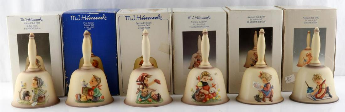 6 GOEBEL HUMMEL BELLS VINTAGE GERMAN IN BOXES: 6 M. J. Hummel porcelain bells, all in original boxes and in very good original condition with no signs of crazing or damage. Hummels included are: Hum 709 #397, Hum 712 #248, Hum 714 #187, Hum 713 #2