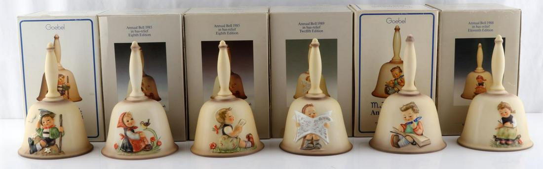6 GOEBEL HUMMEL BELLS VINTAGE GERMAN IN BOXES: 6 M. J. Hummel porcelain bells, all in original boxes and in very good original condition with no signs of crazing or damage. Hummels included are: Hum 707, Hum 703, Hum 702, Hum 706, Hum 711, Hum 710