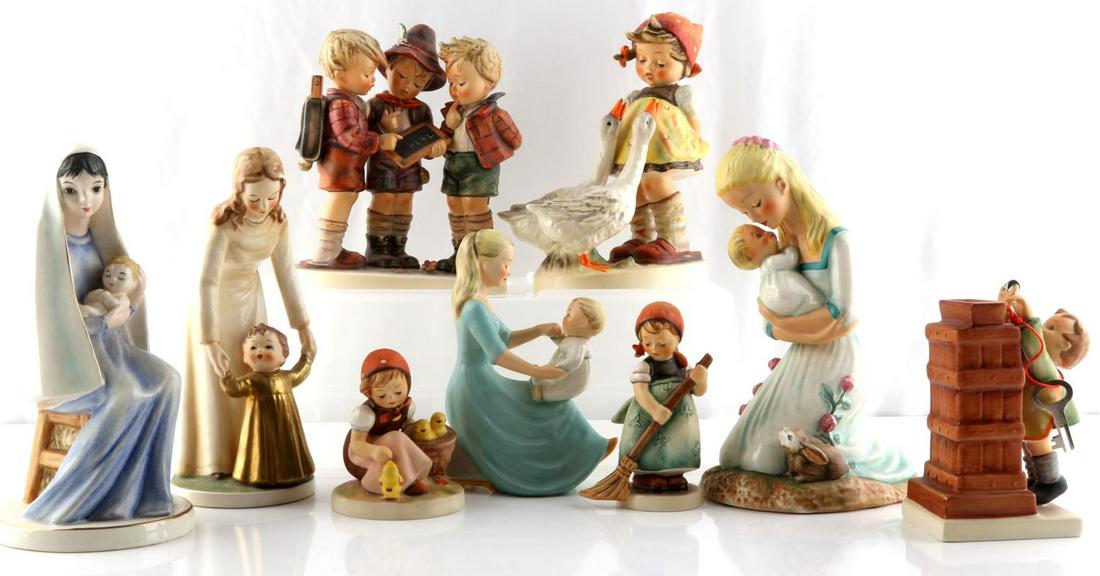 9 GOEBEL GERMANY HUMMEL PORCELAIN FIGURINES: Group of 9 Goebel Germany Hummel porcelain figures. All figures are signed and vintage. Includes four rare mother and child figures as well as a piggy bank figurine. All figures are in very good origi