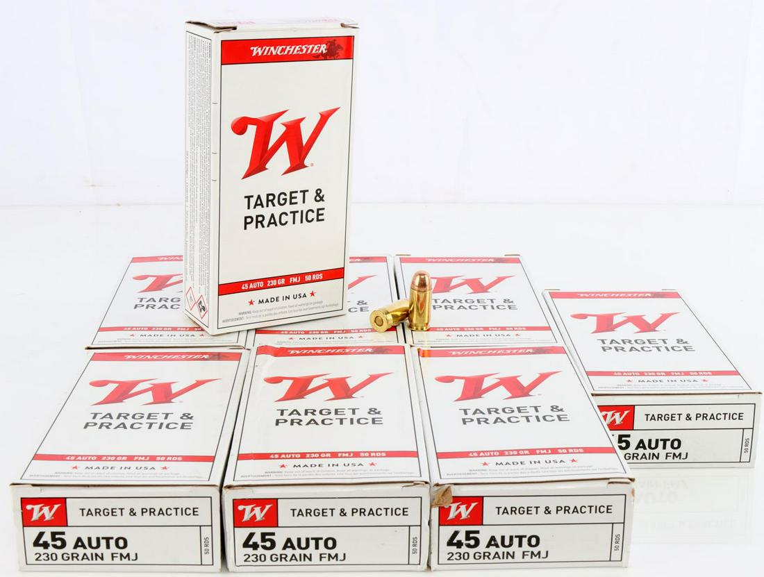 400 ROUNDS WINCHESTER TARGET 45 AUTO 230GR AMMO: 400 rounds of Winchester Target & Practice 45 auto 230 grain full metal jacket ammunition. Eight brand new boxes with 50 rounds each.