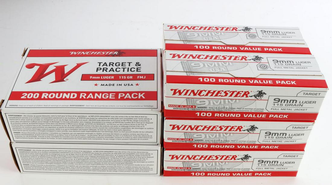 1000 ROUNDS WINCHESTER 9MM LUGER 115 GRAIN: 600 rounds of Winchester 9MM Luger 115 grain full metal jacket ammunition - six brand new boxes with 100 rounds per box. 400 rounds of Winchester Target & Practice 9MM Luger 115 grain full metal jacke