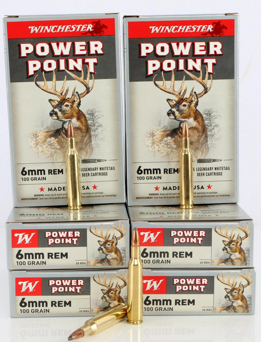 120 ROUNDS WINCHESTER 6MM REM 100 GRAIN AMMUNITION: 120 rounds of Winchester Power Point "The Legendary Whitetail Deer Cartridge" 6MM REM 100 grain ammunition - six brand new boxes with 20 rounds per box.