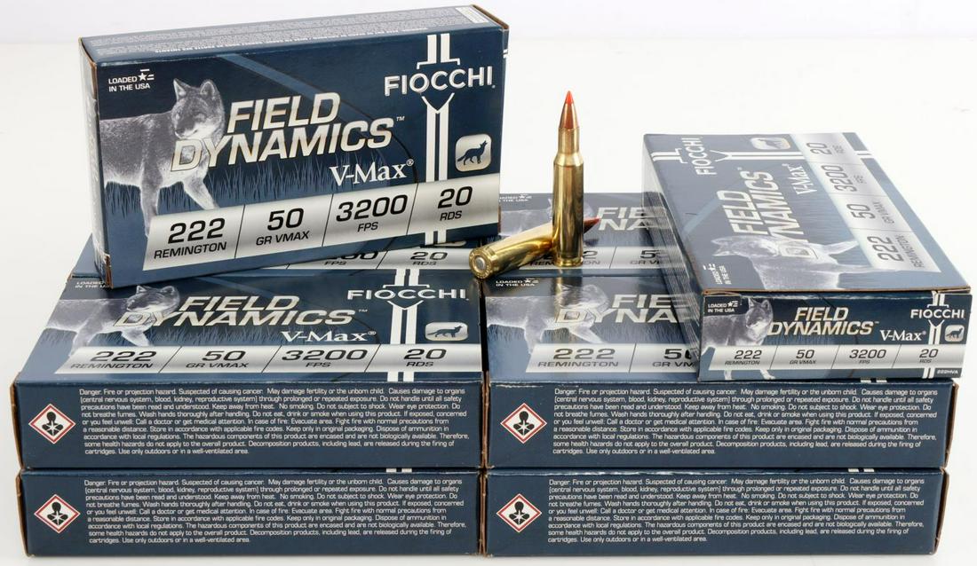 200 ROUNDS FIOCCHI .222 REMINGTON AMMUNITION: Boxed factory rounds, 50 Gr Vmax, 10 boxes of 20 rounds each.