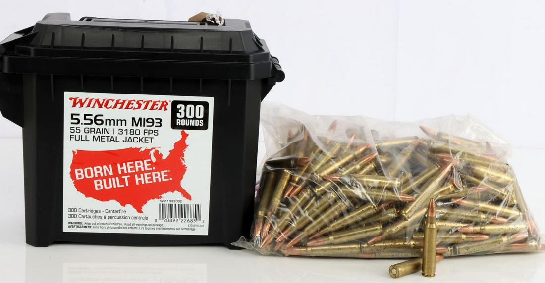 500 ROUNDS OF 5.56MM & 223REM 55 GRAIN AMMUNITION: 300 rounds of Winchester 5.56mm M193 55 grain 3180 FPS FMJ ammunition - one brand new ammo case with 300 rounds. 200 plus round bag of loose .223 REM ammunition in good condition.