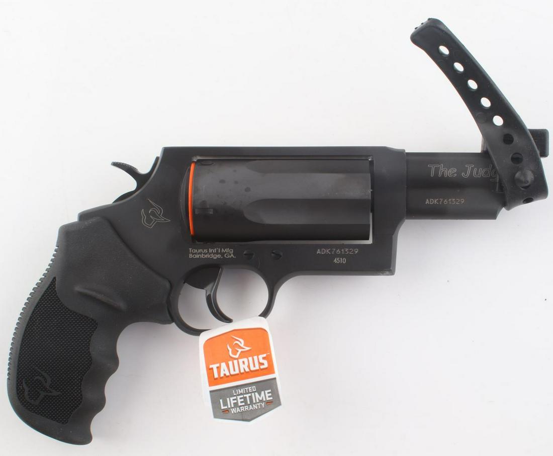 TAURUS THE JUDGE MAGNUM 45 COLT 410 REVOLVER: New in box, black matte, chambered 3 inch, 3 inch barrel, 5 round capacity, red front sight, boxed with manual and tools. No international sales. FFL required for transfer. Know your state laws prior 