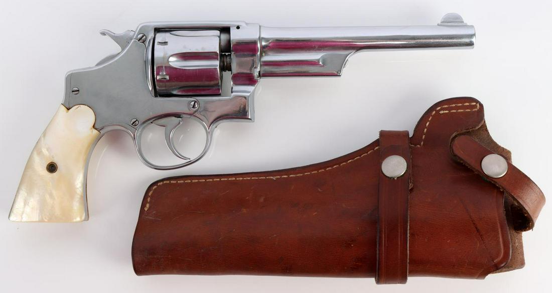 TROCAOLA 44 SPECIAL NICKEL REVOLVER PEARL GRIPS: Bright and clear bore. 6 1/2 inch barrel. Front sight. Smooth action. Nickel finish. Mother of pearl grips. Very good condition with minor usage wear. FFL required for transfer. No international shipp