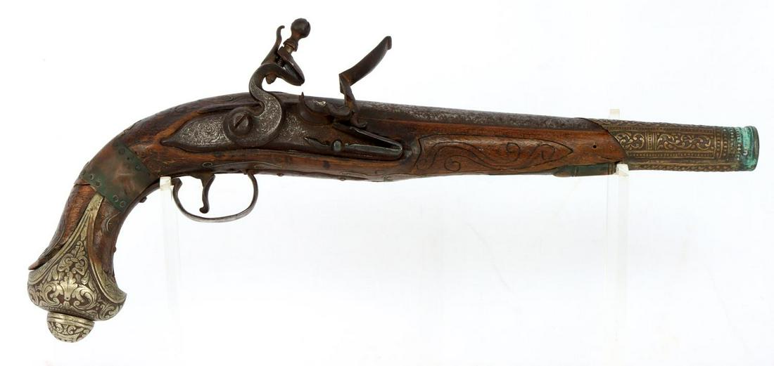 ANTIQUE SILVER INLAY ENGRAVED FLINTLOCK PISTOL: Nicely engraved lock, butt, and barrel. Stock is inlaid with silver. Bore measures 16mm. Gun measures 16 inches. No marks. Very good condition with some oxidation. Non-FFL. No international shipping. 