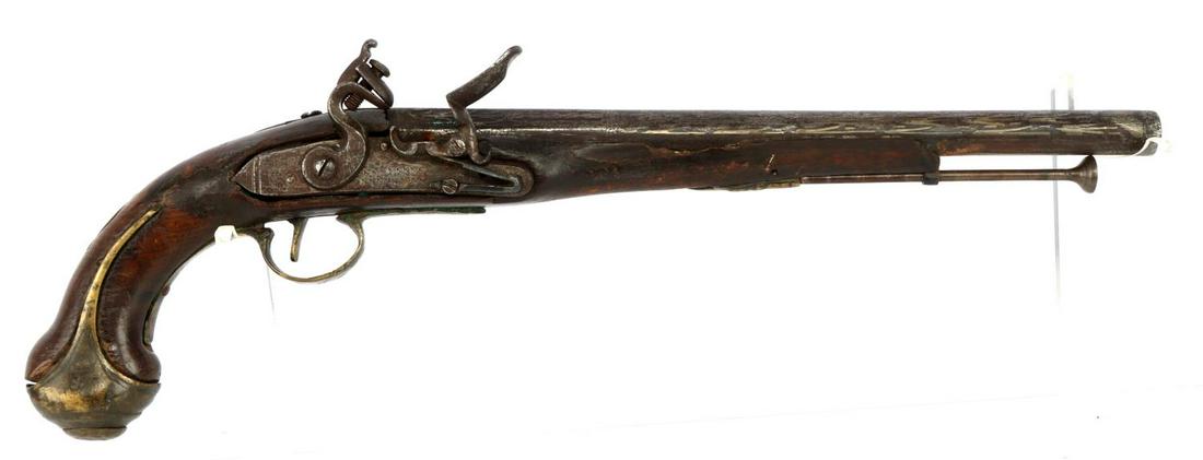 TURKISH OTTOMAN EMPIRE FLINTLOCK PISTOL: Silver inlay barrel. Lock marked with star and crescent. Hand engraved stars on brass. Measures 18 inches. Bore measures 16mm Good condition. Non-FFL. No international shipping. Know your state laws p