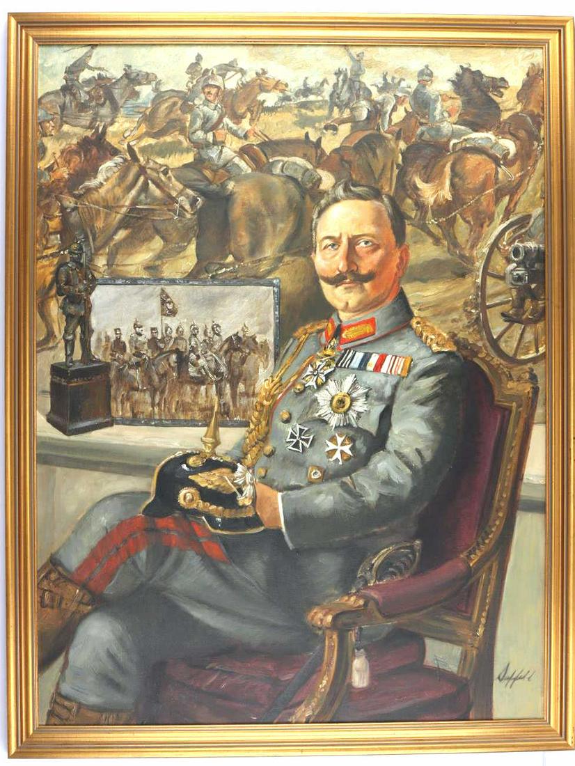 GERMAN KAISER WILHELM II PORTRAIT PAINTING: Oil on canvas portrait painting of German Kaiser Wilhelm II. Painted in the likeness of the original 1914 seated portrait painting in the Museum Huis Doorin. This later 20th century painting includes 