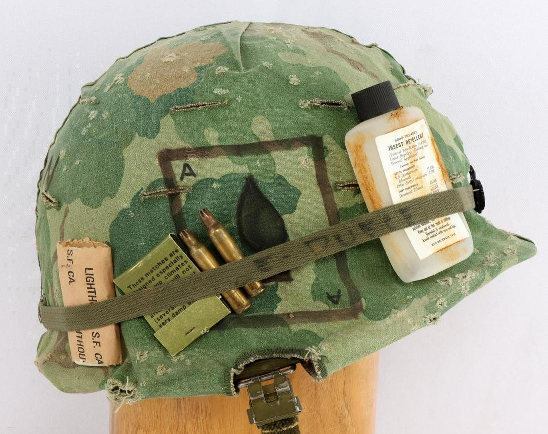 VIETNAM M-1 HELMET DECORATED CAMO COVER: Named to a Jerry Smith, Peace sign, Born to Kill, Ace of spades and more on helmet, no liner, rear seam.