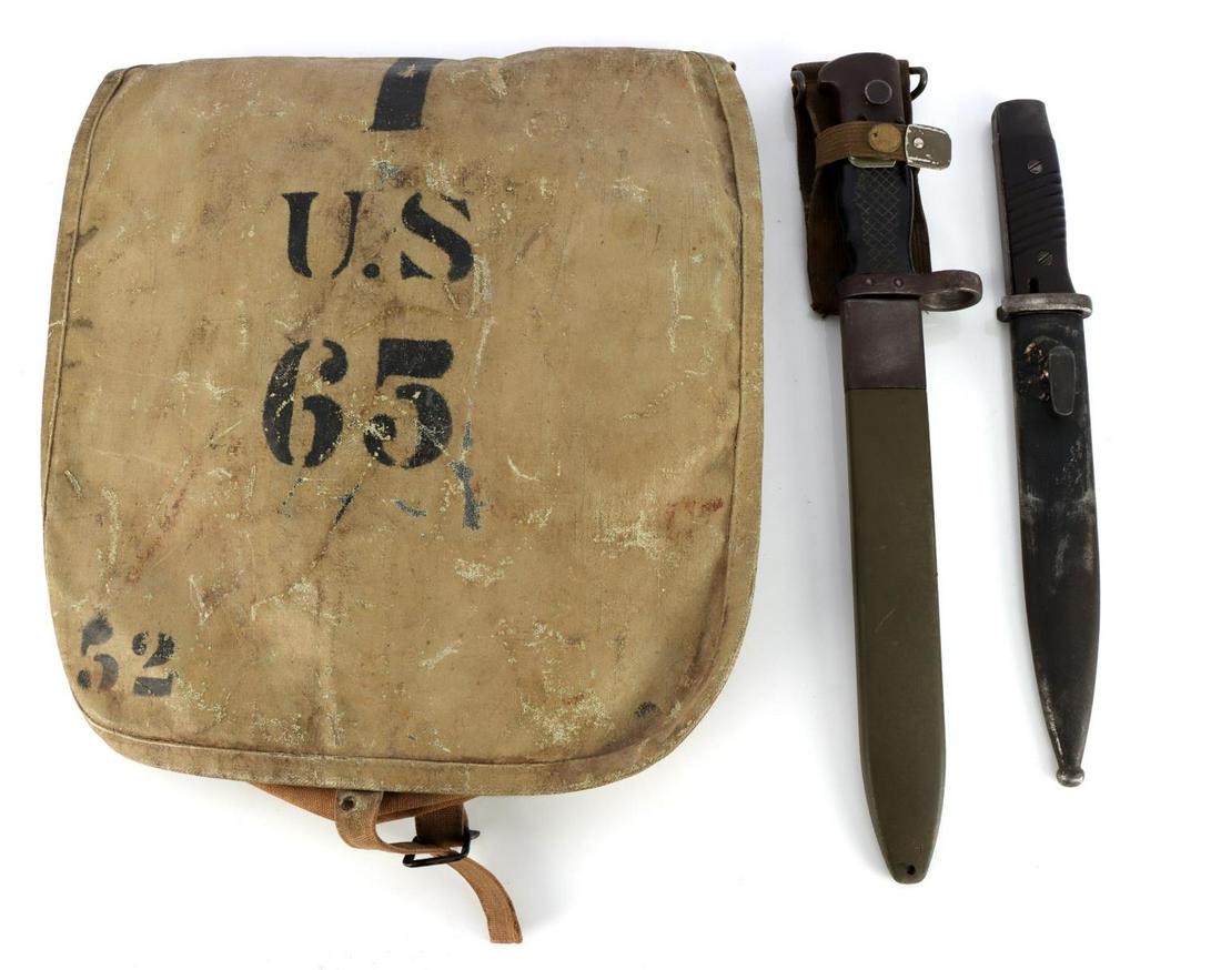 SPAN AM BACKPACK K98 FIGHTING KNIFE M1 BAYONET LOT: Spanish American war backpack has broken strap otherwise good, M1 Garand bayonet Toledo blade, with Frog, also K-98 Bayonet cut down fighting knife overall measures 10 3/4 inches.
