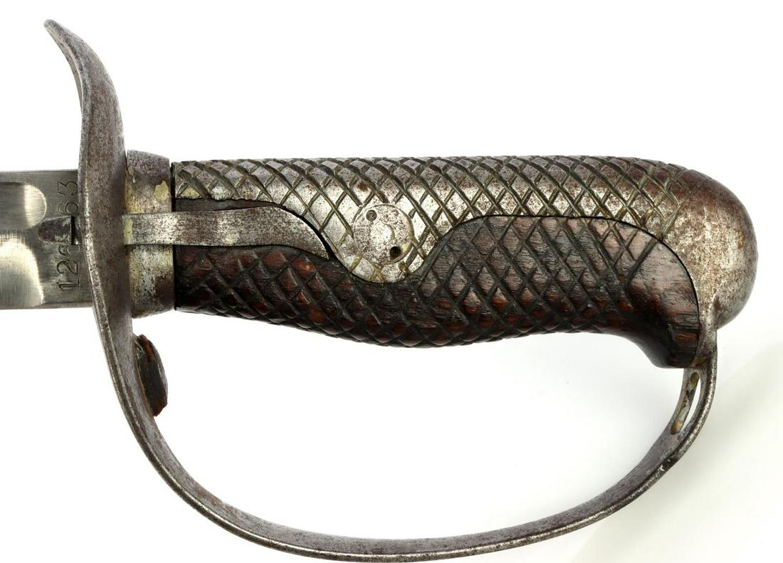 RUSSO JAPANESE WAR TYPE 32 1899 CAVALRY SWORD: On guard Tokyo Arsenal Mumm mark and 3 characters, very good to near excellent blade, S/N 126863, no S/N on dent free scabbard. Blade is 30 3/8 inches, overall 35 1/2 inches.