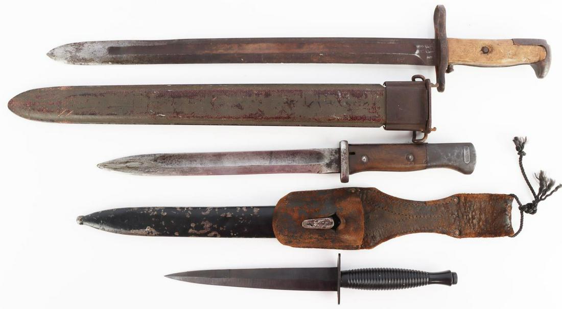 WWII M1905 PAL1942 K98 BAYONET & FAIRBAIRN SYKES: Lot includes 3 blades U.S. Pal dated 1942 at Ricasso, with fiber scabbard, replaced grip, blade is 15 3/4 inch, light surface rust, K98 Erfurt bayonet with scabbard and frog, post war Fairbairn Sykes 