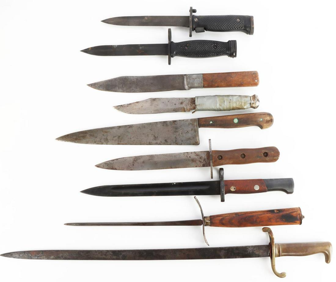 9 BAYONET FIGHTING KNIFE STILETTO LOT WITHOUT SCAB: All without sheaths or scabbards, include U.S K-54, Milpar M5A1, Rare German M1871, it measures overall 23 inches, Castello 5 Made in France 16 1/2 inch stiletto, Henckels butcher knife , USN 43 dated