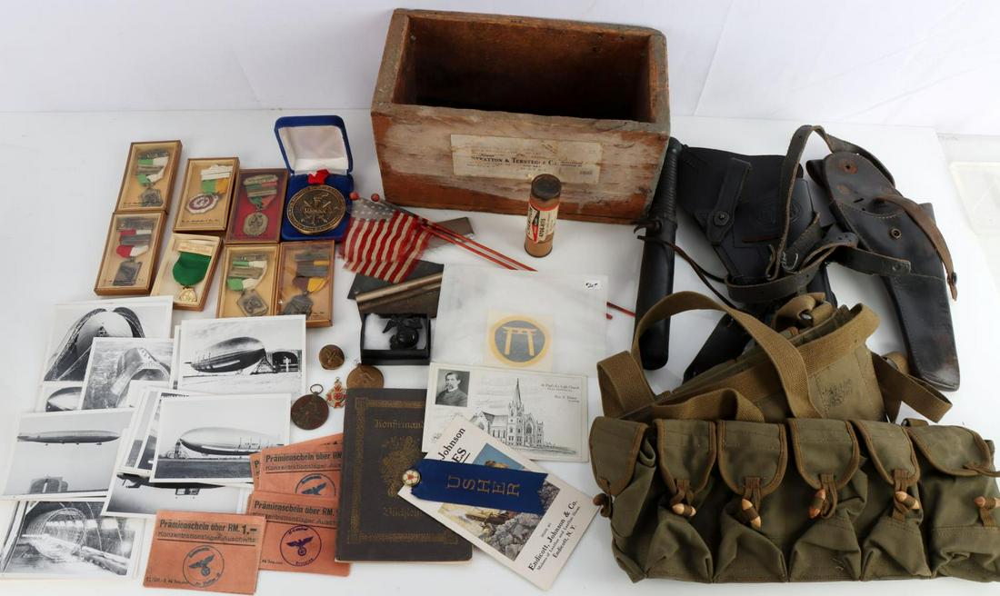 WWI WWII MULTI CONFLICT MILITARY COLLECTIBLE LOT: Includes a Nordac Mfg. pilot holster, near mint condition, 23 original Blimp and Zeppelin photos , most appear to be at Lakehurst NAS, WWI trench bludgeon, Chinese SKS ammo belt, shooting and sports m