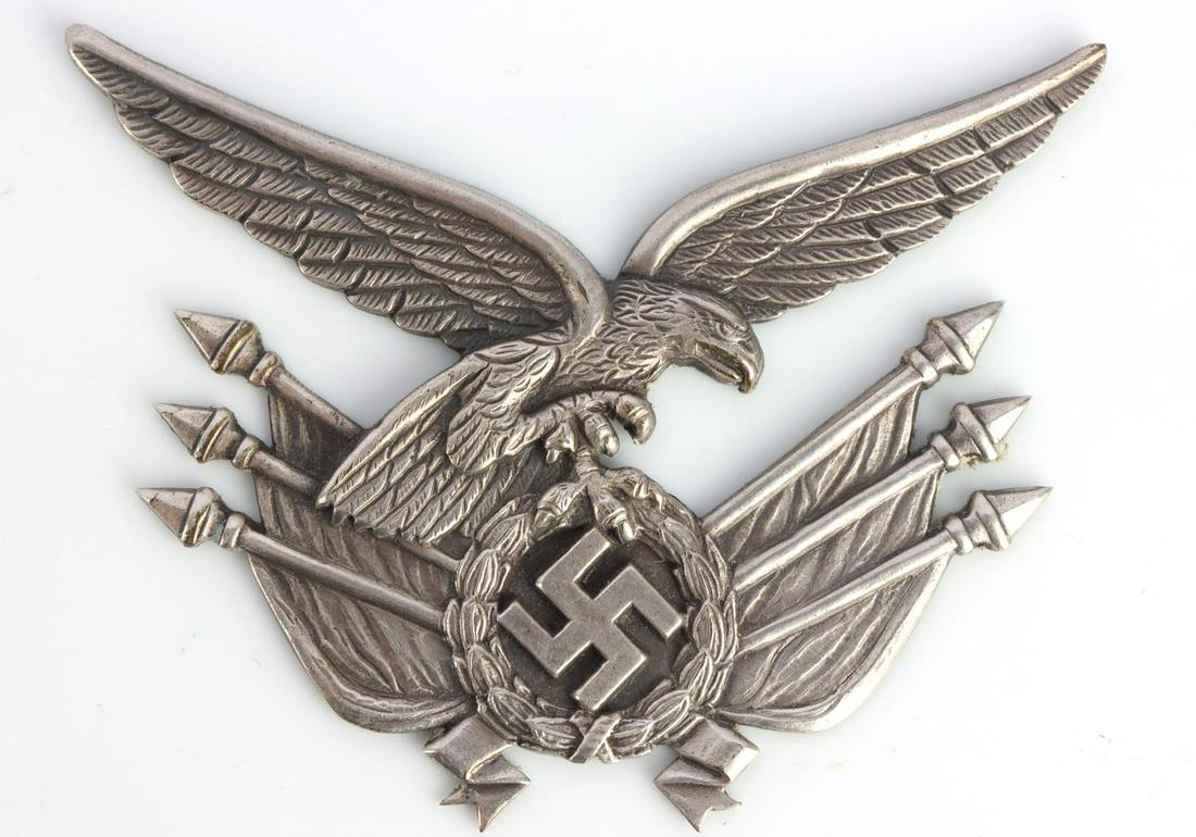 WWII GERMAN THIRD REICH LUFTWAFFE GORGET EAGLE: Eagle pin that would be fastened to a gorget. Measures 3 3/4 inches. Very good condition. Likely nickel construction. This lot has a reserve.