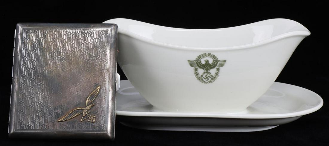 WWII GHERMAN GESTAPO GRAVY BOAT & LUFTWAFFE: Brass Luftwaffe eagle, with RZM and Waffenampt with maker inside cigarette case, police mess stamped side, maker CT on base, measures 7 by 3 inches