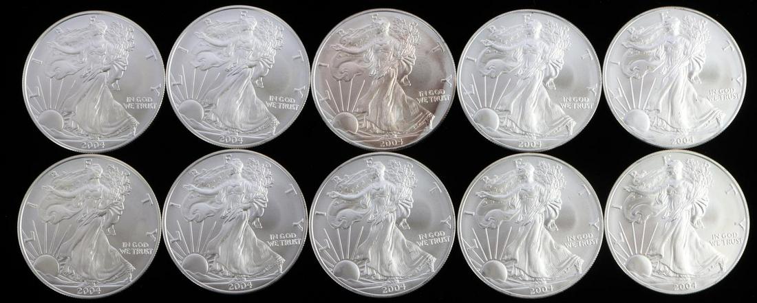 10 $1 AMERICAN EAGLE 1 OZ SILVER DOLLAR COINS: Total of 10 troy ounces of brilliant uncirculated fine silver coins. This lot has a reserve.