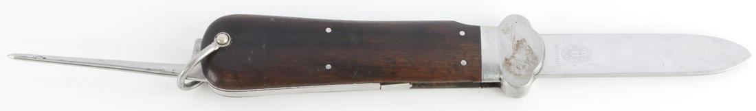 WWII GERMAN PARATROOPER GRAVITY KNIFE: Fallschirmjager gravity knife, spring release is missing, and blade is stuck protruding. Paul Weyersbyrg maker stamped blade.
