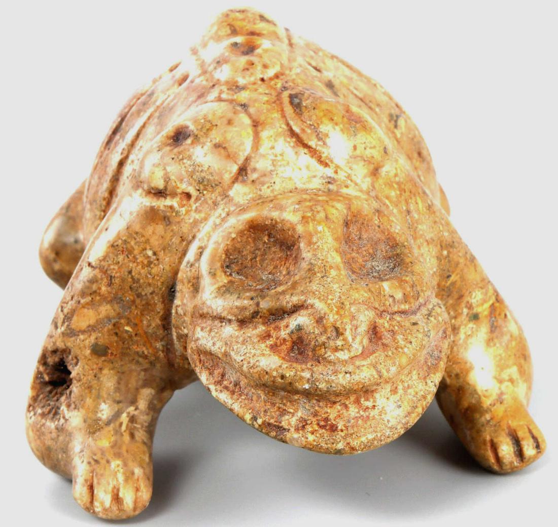 TAINO ZOOMORPHIC CEMI ANIMAL CARVING: Taino. PreColumbian. Zoomorphic Cemi (effigy) of what may be a solenodon or Hutias at the time the only 2 indigenous, fur bearing land animals in the Dominican Republic. Typical eye and mouth surround