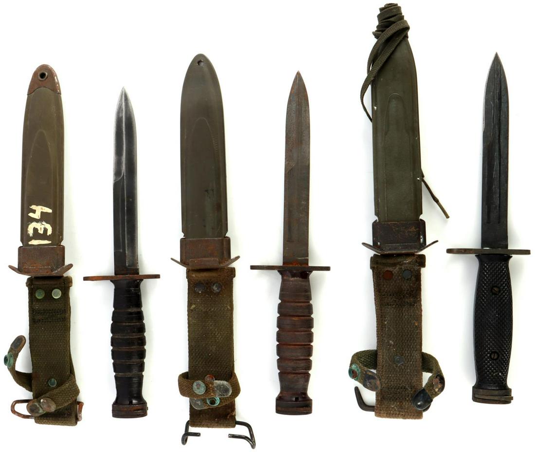 3 WWII M-4 BAYONET LOT IN M 8 SCABBARDS: Makers are Camillus, Imperial, and K.I. All in very good and original condition.