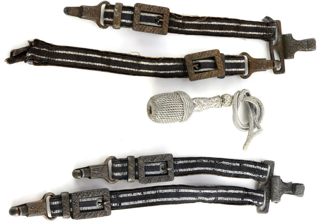 3 WWII GERMAN LUFTWAFFE DAGGER HANGERS W PORTEPEE: Two (2) WWII German Luftwaffe DRGM dagger hangers with nonmagnetic oak leaf designed fitting. Blue with silver piping and felt back. Does not fluoresce under blacklight. Both measure 11 1/2 inches. On