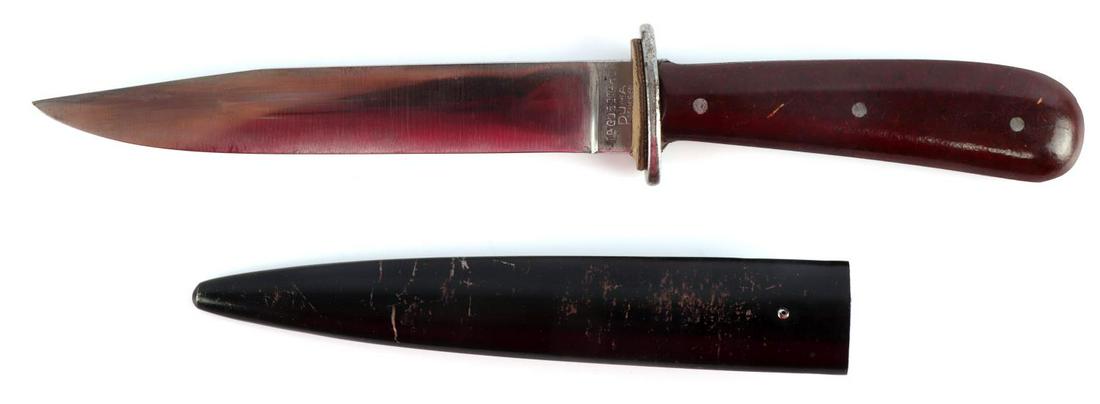 WW2 GERMAN THIRD REICH FIGHTING BOOT KNIFE BY PUMA: Steel blade with Bakelite grip housed in steel scabbard. Maker marked Gusstah Puma Solingen. Measures 10.5 inches. Very good condition.