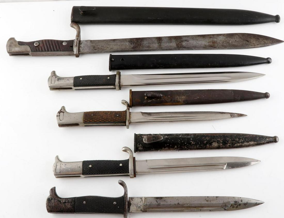 WWIM WWII GERMAN BAYONET LOT OF 5: Lot of 5 includes: a 21 inch WWI Bayonet Solingen, a very nice 16 inch Eickhorn blade with good scabbard, and 3 K-98 bayonets - 2 with scabbards & 1 without.