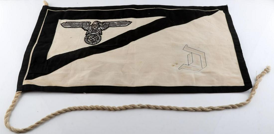 WWII GERMAN THIRD REICH COMMANDER SS DACHAU FLAG: Black and white flag with silver bullion Parteiadler in upper corner and D in lower corner. Non-fluorescing. Measures 27 X 15 inches. Very god condition. This lot has a reserve.