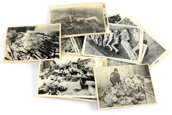 42 ORIGINAL HOLOCAUST CONCENTRATION CAMP PHOTOS: Collection of 42 original Holocaust press photos of various Concentration Camps, each has a Ukraine back mark. They are highly graphic and original to the period, measuring 4 by 3.5 inches.