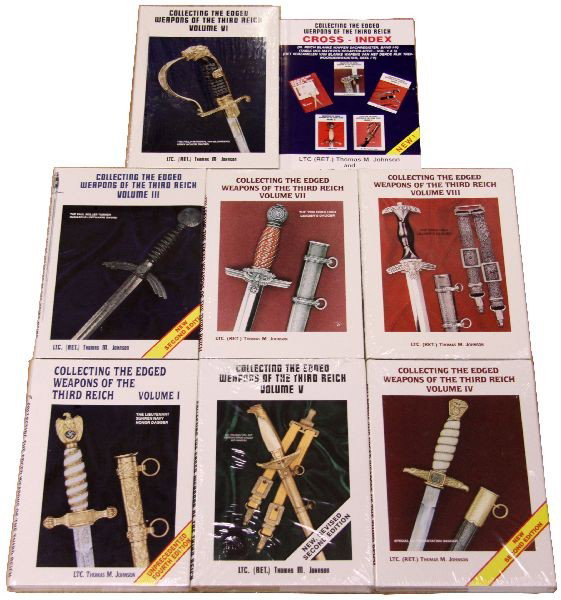 COLLECTING EDGED WEAPONS OF THE THIRD REICH SET: Set of "Collecting Edged Weapons of The Third Reich", by LTC (RET.) Thomas C. Johnson. All volumes with the exception of Volume II, which is out of print. Cross index included. New in original wrap.