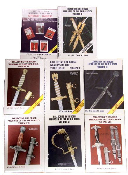 COLLECTING EDGED WEAPONS OF THE THIRD REICH SET: Set of "Collecting Edged Weapons of The Third Reich", by LTC (RET.) Thomas C. Johnson. All volumes with the exception of Volume II, which is out of print. Cross index included. New in original wrap.