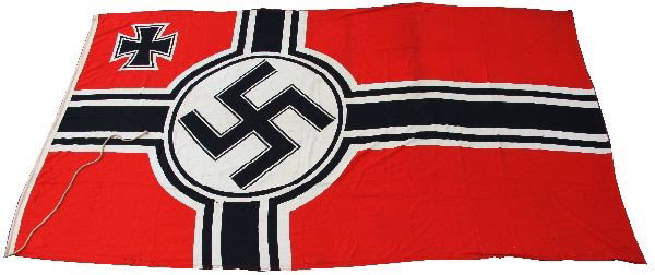 LARGE WWII GERMAN KRIEGSMARINE FLAG: Large WWII German Kriegsmarine flag. Measurements marked on hoist, 200 by 335 cm (approx 79 by 131 inches). Manufacture marked "Fahnen Hoffmann K. G.", with Kriegsmarine property mark. Holes and mothi