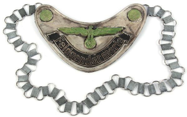 WWII GERMAN FELDGENDARMERIE GORGET WITH CHAIN: WWII German Feldgendarmerie field police gorget. Luminescent paint has been touched up, otherwise very good condition, complete with chain.
